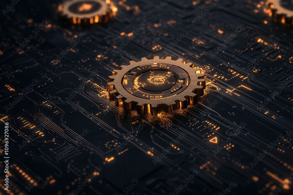 Poster A close-up view of interconnected gears and circuit patterns, showcasing a fusion of mechanical and digital technology.