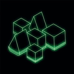 Green neon geometric shapes are creating an abstract composition on a black background