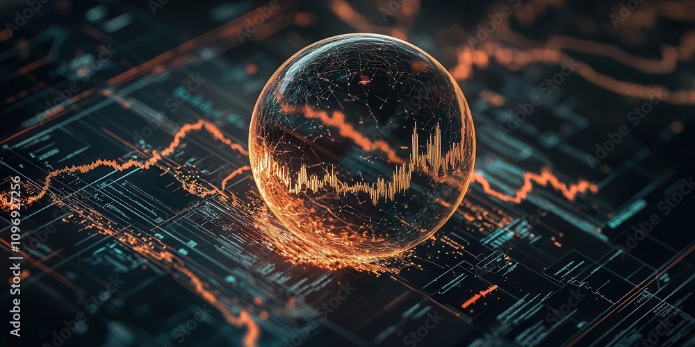 Poster A glowing orb sits on a digital grid, with vibrant lines and patterns suggesting data analysis and technology.