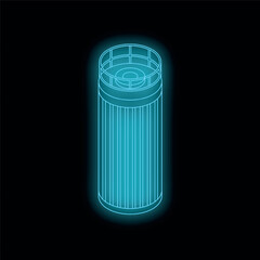 Neon glowing blue outline of industrial water treatment filter housing on dark background