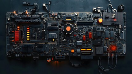 Fototapeta premium A complex circuit board with various components and glowing lights.