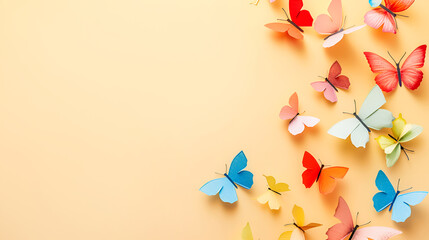 Colorful paper cut butterflies on pastel yellow background