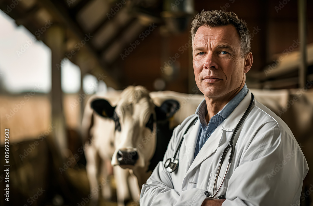 Poster man in a white lab coat stands in front of a group of cows. he is looking directly at the camera wit
