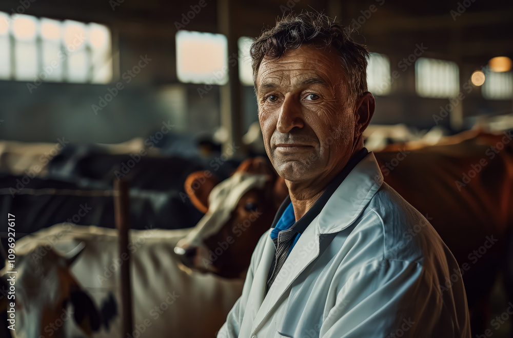 Aufkleber man in a white lab coat stands in front of a group of cows. he is looking directly at the camera wit