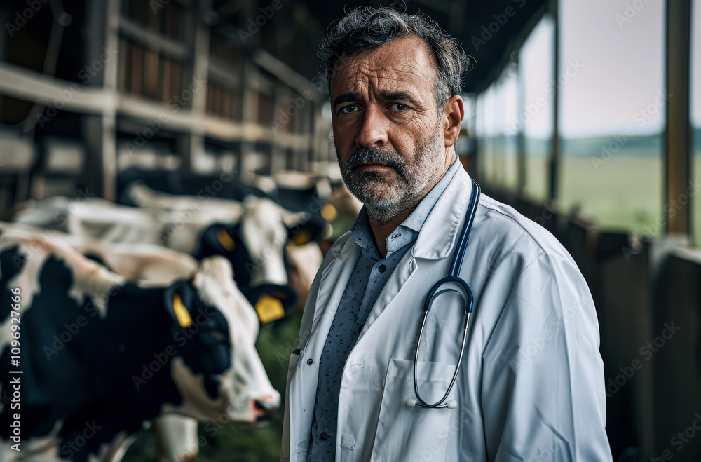 Poster man in a white lab coat stands in front of a group of cows. he is looking directly at the camera wit