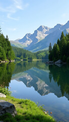 Fototapeta premium Pristine Mountain Lake Perfectly Mirroring Majestic Peaks Under Azure Sky