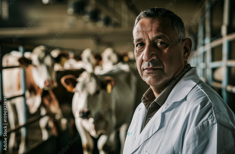 Poster man in a white lab coat stands in front of a group of cows. he is looking directly at the camera wit