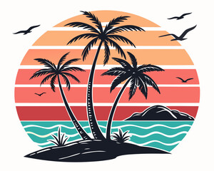 Beach Illustrations, Tropical Sunset with Palm Trees, Beach Paradise Vector Illustration, Sunset Island with Palms and Birds, Sunset Over the Ocean with Palms, Peaceful Beach Sunset Scene