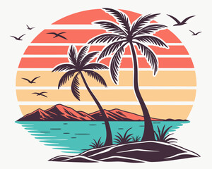 Beach Illustrations, Tropical Sunset with Palm Trees, Beach Paradise Vector Illustration, Sunset Island with Palms and Birds, Sunset Over the Ocean with Palms, Peaceful Beach Sunset Scene