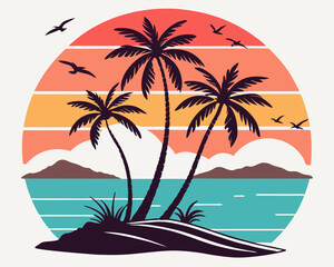 Beach Illustrations, Tropical Sunset with Palm Trees, Beach Paradise Vector Illustration, Sunset Island with Palms and Birds, Sunset Over the Ocean with Palms, Peaceful Beach Sunset Scene
