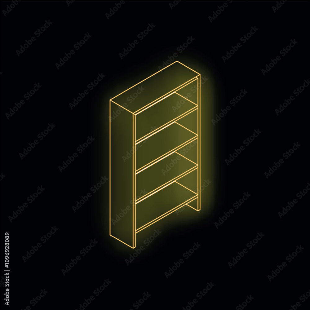 Poster isometric view of an empty bookshelf glowing on a black background