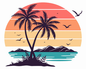 Beach Illustrations, Tropical Sunset with Palm Trees, Beach Paradise Vector Illustration, Sunset Island with Palms and Birds, Sunset Over the Ocean with Palms, Peaceful Beach Sunset Scene