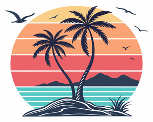 Beach Illustrations, Tropical Sunset with Palm Trees, Beach Paradise Vector Illustration, Sunset Island with Palms and Birds, Sunset Over the Ocean with Palms, Peaceful Beach Sunset Scene