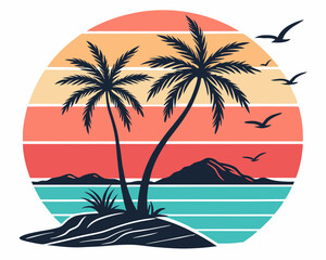 Beach Illustrations, Tropical Sunset with Palm Trees, Beach Paradise Vector Illustration, Sunset Island with Palms and Birds, Sunset Over the Ocean with Palms, Peaceful Beach Sunset Scene
