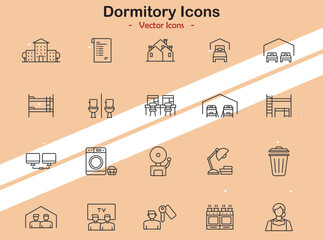 Icons representing dormitories and student housing themes in vector style