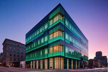 Obraz premium Modern Urban Architecture with Emerald Glass Facade and Illuminated Features at Dusk
