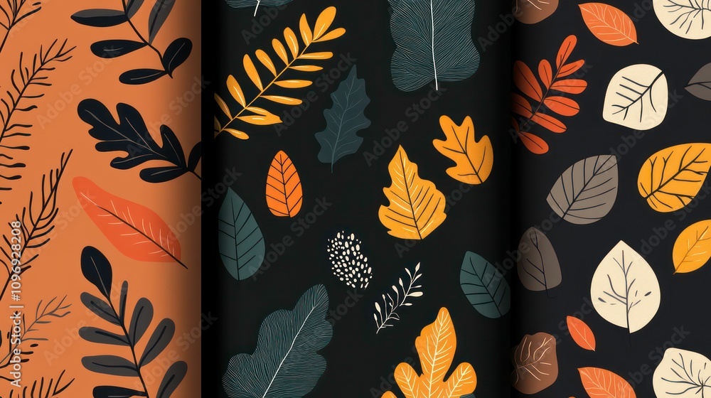 Poster a seamless set of modern leaves patterns with a hand-drawn autumn background. a pattern of autumn na