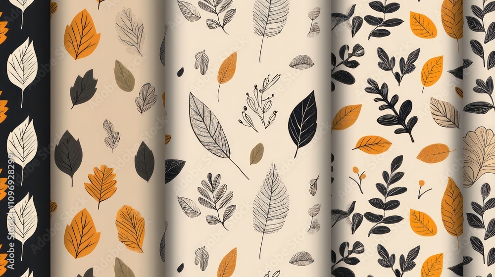 Poster set of five seamless patterns with autumn leaves in different colors and arrangements.