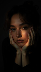 Fototapeta premium Moody Portrait of a Young Woman with Hands Framing Her Face, Highlighted by Warm Light and Soft Shadows on a Dark Background for Artistic Photography