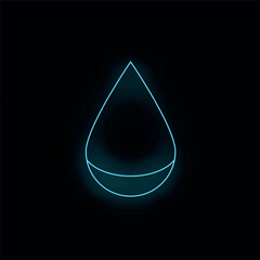 Glowing blue neon sign shaped like a water drop against a black background