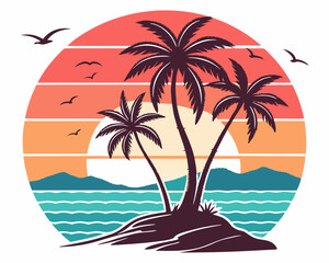 Obraz premium Beach Illustrations, Tropical Sunset with Palm Trees, Beach Paradise Vector Illustration, Sunset Island with Palms and Birds, Sunset Over the Ocean with Palms, Peaceful Beach Sunset Scene