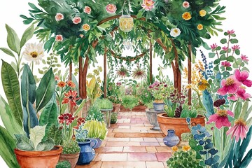 Vibrant Playful Botanical Garden Watercolor Art Illustration