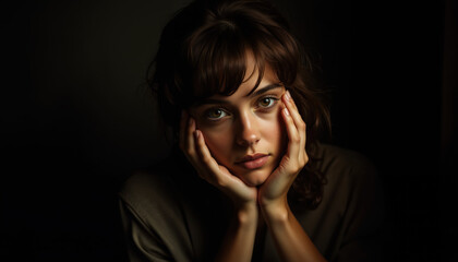 Fototapeta premium Moody Portrait of a Young Woman with Hands Framing Her Face, Highlighted by Warm Light and Soft Shadows on a Dark Background for Artistic Photography