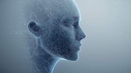 Digital Mind: A digital rendering of a human head, composed of lines and points, evokes a sense of connectivity, data, and the digital world. This abstract image suggests artificial intelligence.