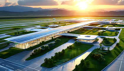 modern solar powered airport with green spaces and stunning sunset views
