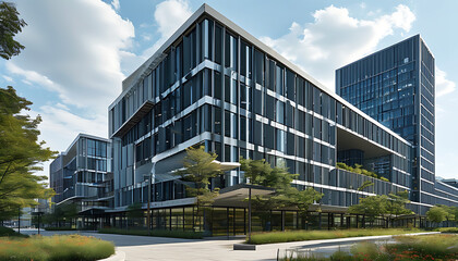 Fototapeta premium Modern urban coworking hub with sleek architecture and greenery