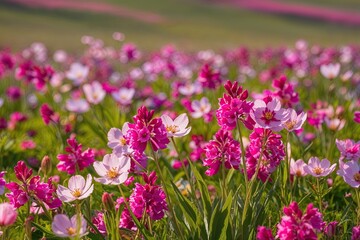 Fototapeta premium Colorful Wildflowers in a Bright Sunlit Spring Meadow Scene