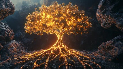 Digital artwork depicts a glowing tree with extensive roots nestled within dark rock formations - Powered by Adobe