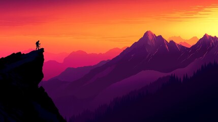 Naklejka premium Climber at Sunset Silhouette - Silhouette of a climber reaching a summit at sunset, symbolizing achievement, perseverance, exploration, freedom, and hope.