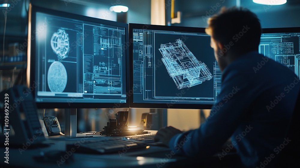 Poster engineer deeply engrossed in cad design session with multiple monitors