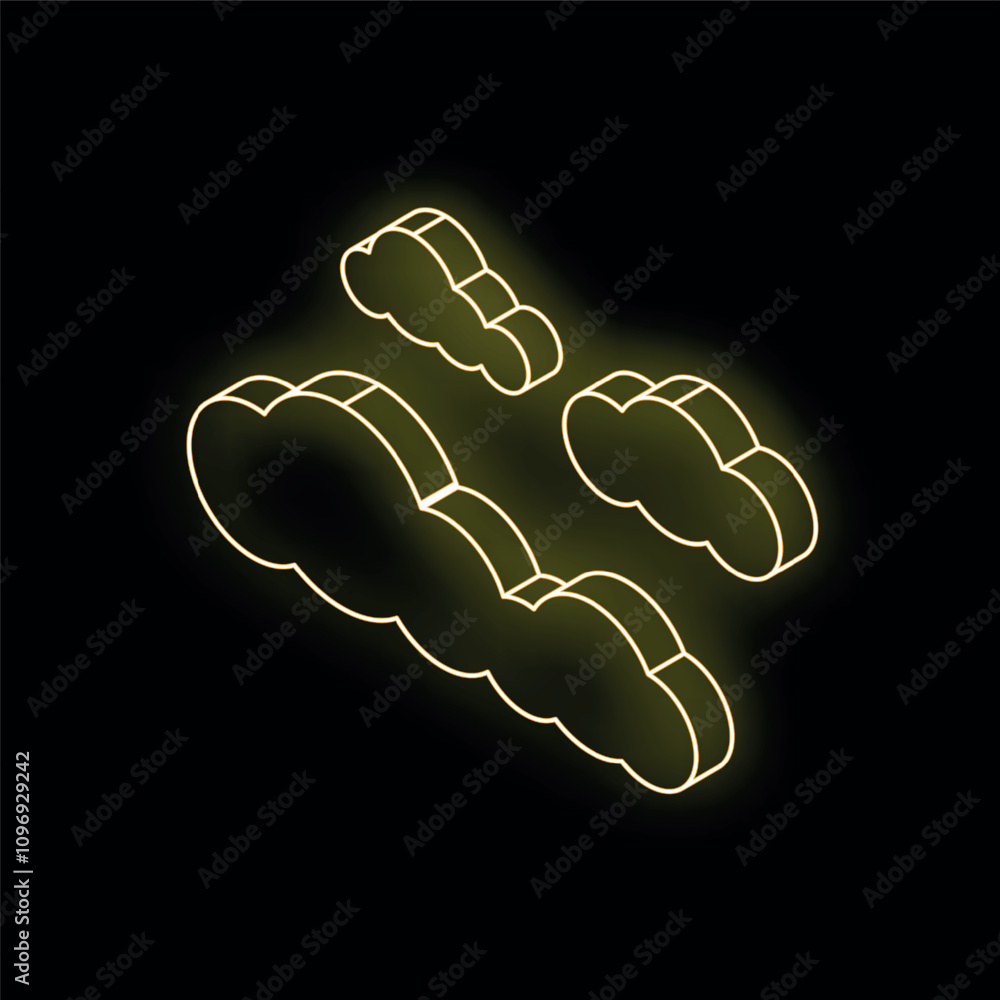 Poster neon yellow clouds are floating in digital space with a black background