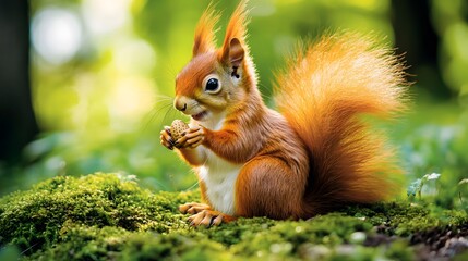 Obraz premium A cute red squirrel sits on moss and eats a nut in a forest.