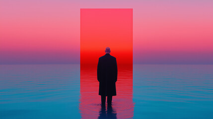 Silhouette of a man standing in the ocean, facing a large red rectangle in front of a vibrant sunset. The man's silhouette is in stark contrast to the red rectangle and the sky.