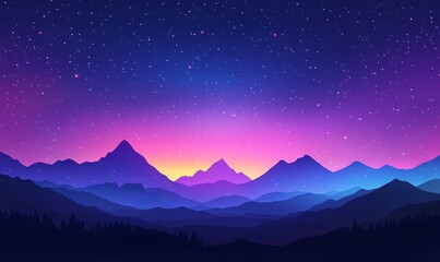 Starry Night Sky Over Mountain Range with Twilight Colors and Silhouettes