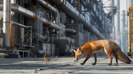 Red fox cautiously approaches a tiny fox kit near massive pipes in a gritty, abandoned refinery setting.