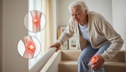 Recognize Symptoms. An elderly person experiences knee pain while climbing stairs, with close-up images showing affected knee joints.
