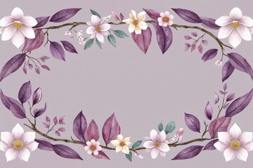 Fototapeta premium Watercolor Seamless Border Design with Playful Mauve Leaves Cherry Blossoms Daisies and Magnolias for Baby Shower Invitations and Crafts