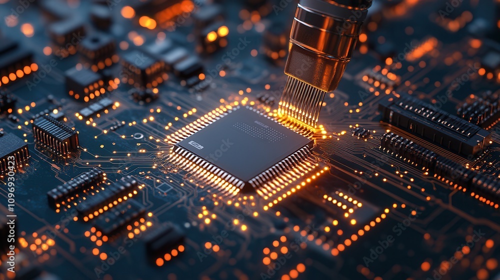 Poster A close-up view of a microchip being manipulated, showcasing intricate circuits and glowing connections on a digital board.