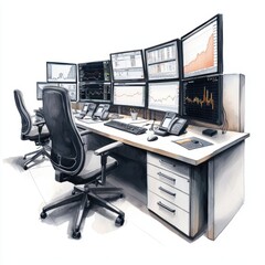 A busy office filled with screens displaying various stock charts and risk indicators in a high-tech setting