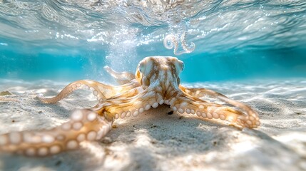 An octopus with white and brown markings sits on a sandy seafloor, viewed from above the surface of the water.