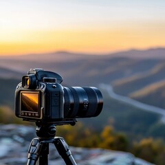 A DSLR camera resting on a tripod near a winding road, with the landscape reflecting off the camera lens in golden-hour light