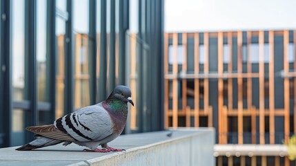 Structural details of a modern industrial building with a realistic pigeon resting on a concrete ledge.