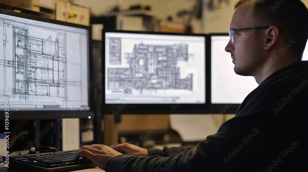 Fototapete Engineer Focused on CAD Design Session with Dual Monitors Display