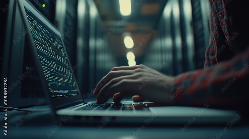 Poster close-up of programmer's hands typing code on laptop in server room