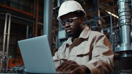 African Electrical Worker Using Laptop in Industrial Environment