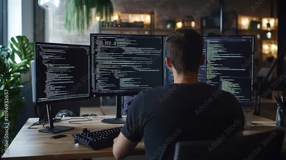 Poster developer analyzing complex code on multiple monitors at workplace